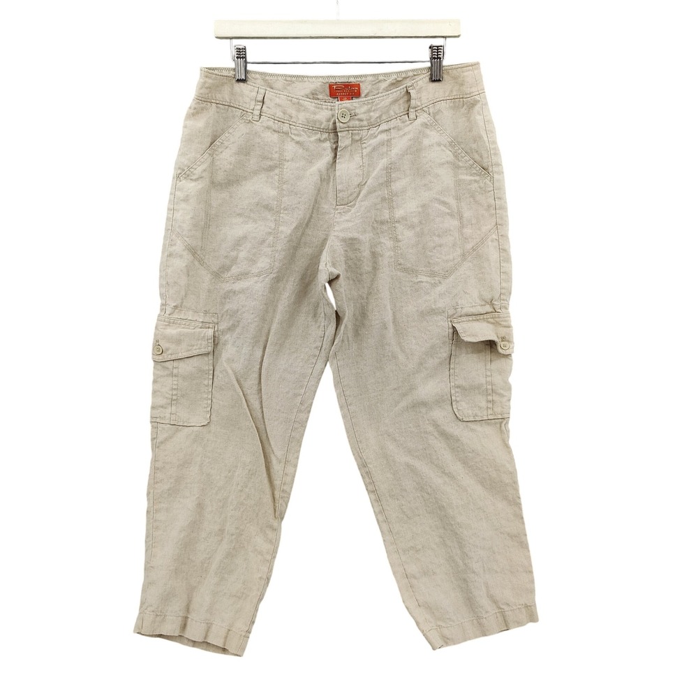 Tommy Bahama Womens Utility Safari 100% Linen Cargo Capri Pant 12 Tan Aubrey Fit